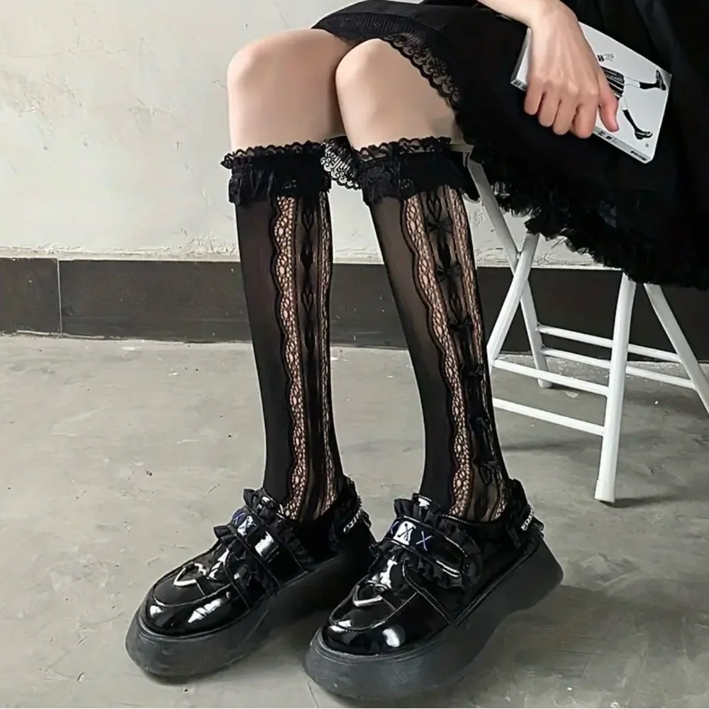 Retro Vintage Style Bow Accent Knee High Socks‎ Flirty Ruffle Trim Soft Lace